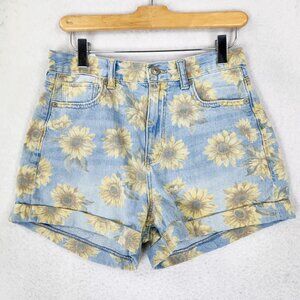 American Eagle Shorts Womens 4 Blue Yellow Sunflower High Rise Mom Roll Hem Jean